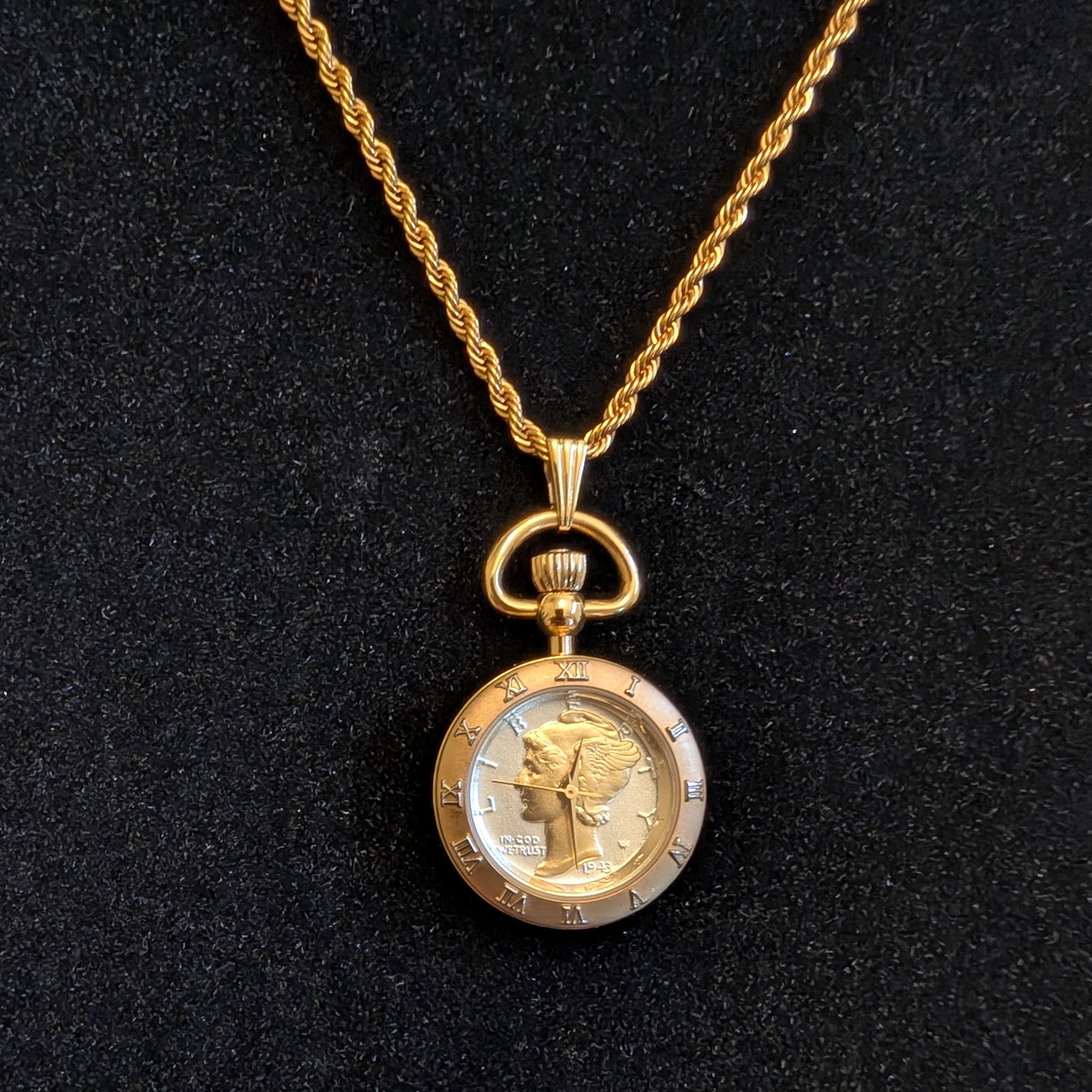 Mercury Dime GoldTone Coin Necklace Pendant Watch